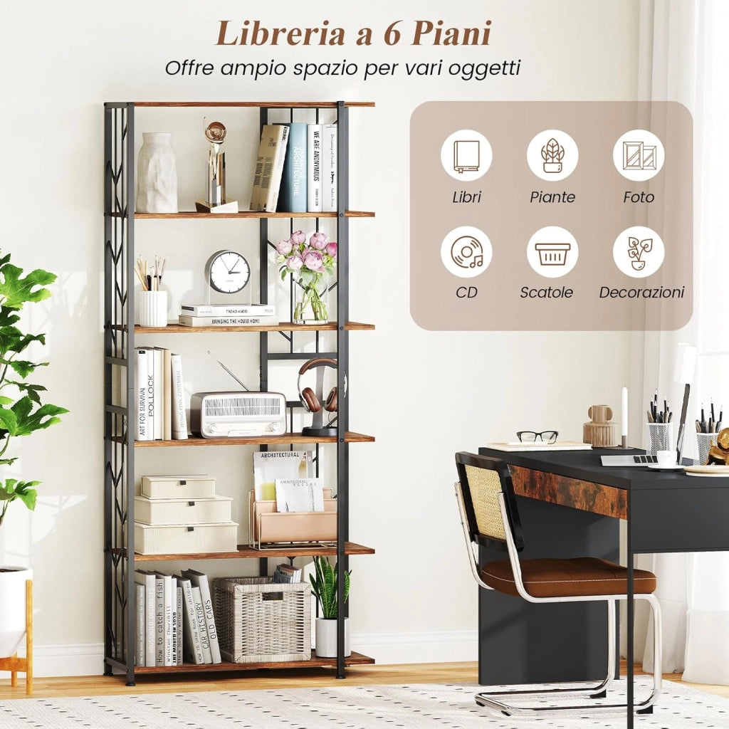 Libreria a 6 Ripiani, Libreria Geometrica Moderna con Telaio in Metallo, Scaffale da Terra con 2 Kit Antiribaltamento per Soggiorno Camera da Letto Studio, 80x31x180 cm (Marrone)