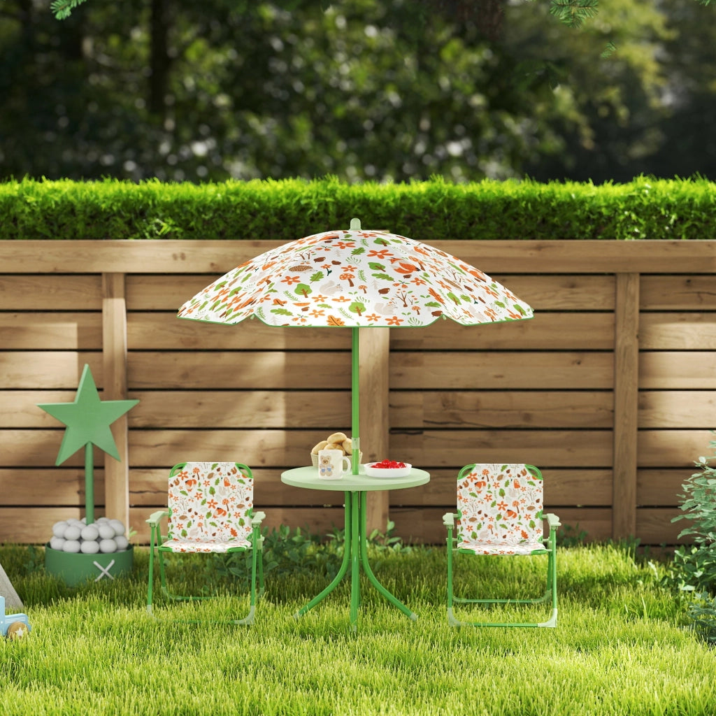 Set da Giardino per Bambini 2-5 Anni con Tavolino 2 Sedie e un Ombrellone Verde
