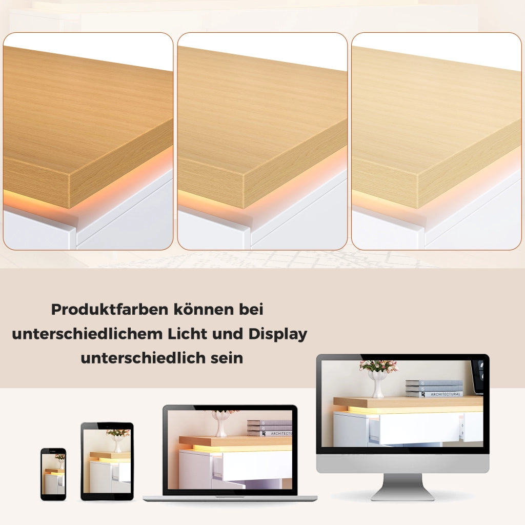 Scrivania con LED multicolore; 140 x 50 cm; 3 cassetti e 2 ante; MDF bianco e rovere