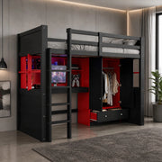 Hochbett in stile gaming 90x200 cm con scrivania; armadio e cassetti; nero rosso