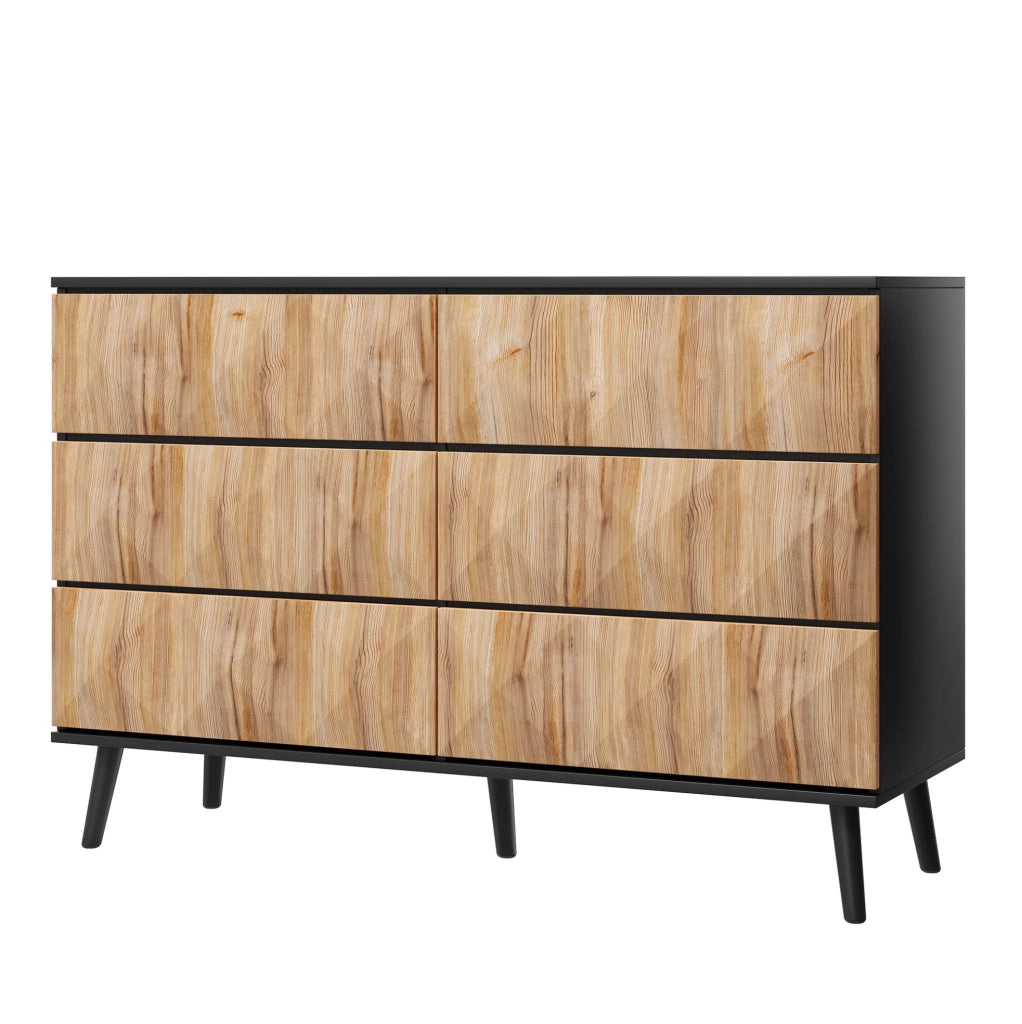 Credenza ULEVR 120x40x85 cm con 6 cassetti e frontali rialzati, nero e finitura legno