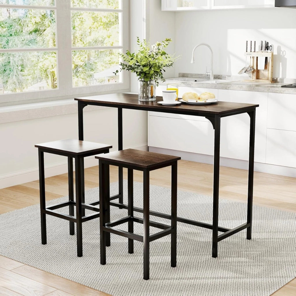 Set da pranzo 3 pezzi con tavolo industriale alto 120 cm, 2 sgabelli da bar e sedie per spazi piccoli Grigio-Tavoli e sedie da pranzo