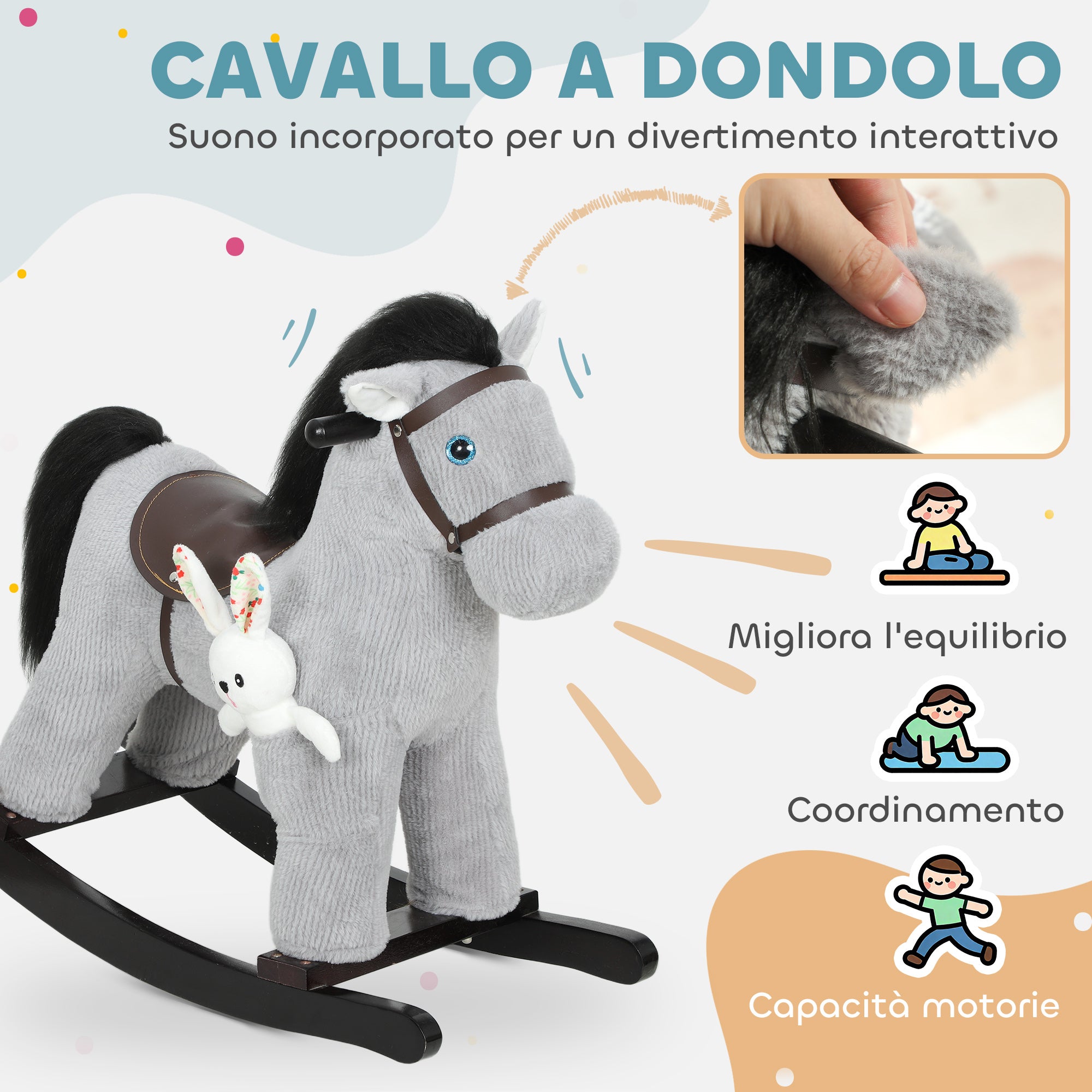 Cavallo a Dondolo con Suoni per Bambini da 2-5 Anni Coniglietto Incluso in Legno e Peluche Grigio
