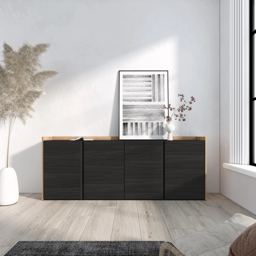 Credenza, Mobile, Cucina, 207x80x35 cm, 4 Porte, grande stoccaggio, Nero e rovere