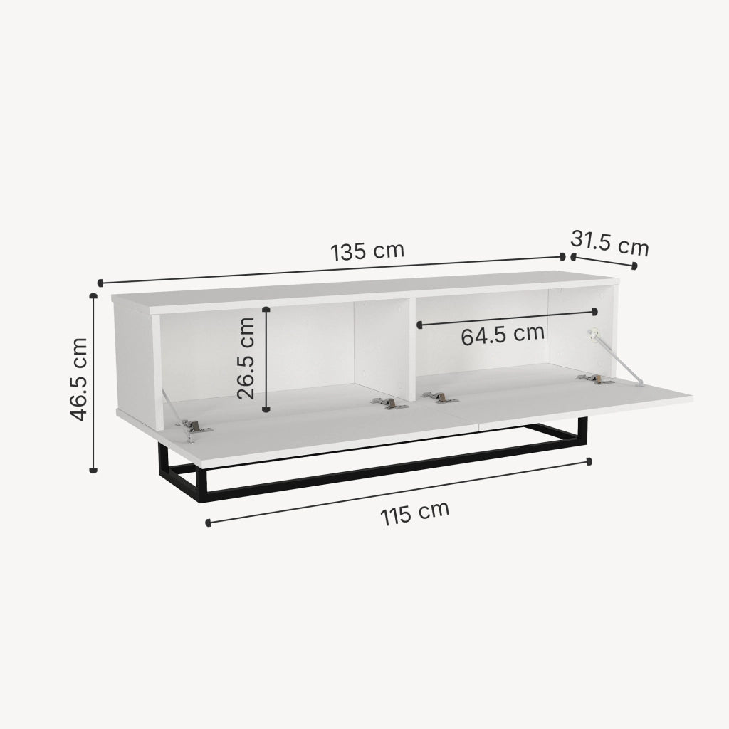 Mobile Porta TV Nolven a 2 Ante Ribalta e Telaio in Metallo 135x32x47 cm - Bianco [en.casa]