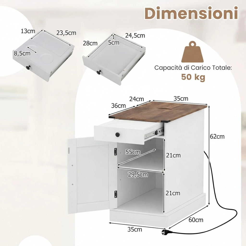 Tavolino da Salotto, Tavolino con Stazione di Ricarica, Coperchio a Ribalta, Cassetto, Vassoio Rimovibile e Armadio, Mobile Versatile in Legno da Letto e Divano (Bianco)