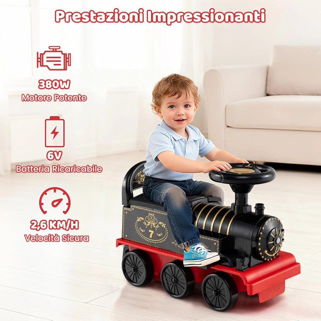 Trenino Elettrico con Vagone, 6V Giocattolo Elettrico a Batteria con Contenitore, Poggiapiedi Estraibili, Musica e Luci LED, Auto Elettrica per Bambini 18+ Mesi