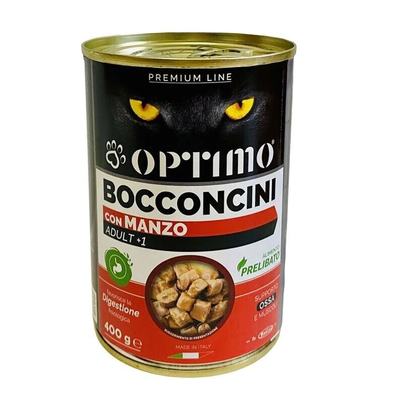 OPTIMO SET 12 BOCCONCINI PER GATTO AL GUSTO DI MANZO DA 400 GR