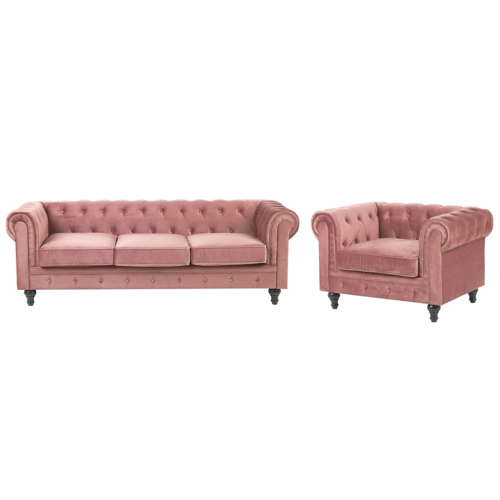 Set da soggiorno Chesterfield con rivestimento in velluto rosa e gambe nere divano a 3 posti + poltrona
