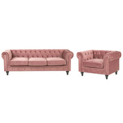 Set da soggiorno Chesterfield con rivestimento in velluto rosa e gambe nere divano a 3 posti + poltrona