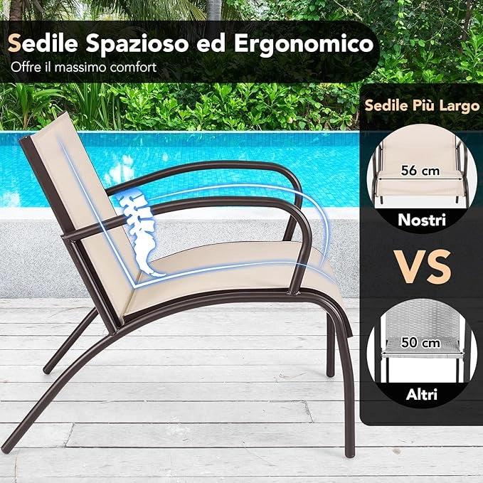 Set Tavolino e Poltrona a 3 Pezzi, Tavolino e Poltrone da Giardino con Seduta Curvata in Tessuto, Set di Mobili Esterno da Bistro, per Giardino Balcone Piscina