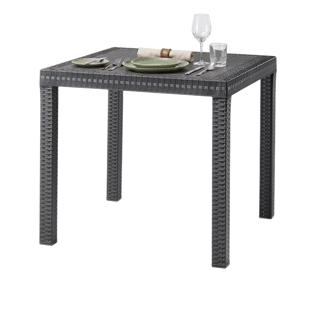 Tavolo da esterno Acqua, Tavolo quadrato fisso, Tavolo da giardino multiuso effetto rattan, 100% Made in Italy, Cm 80x80h74, Antracite