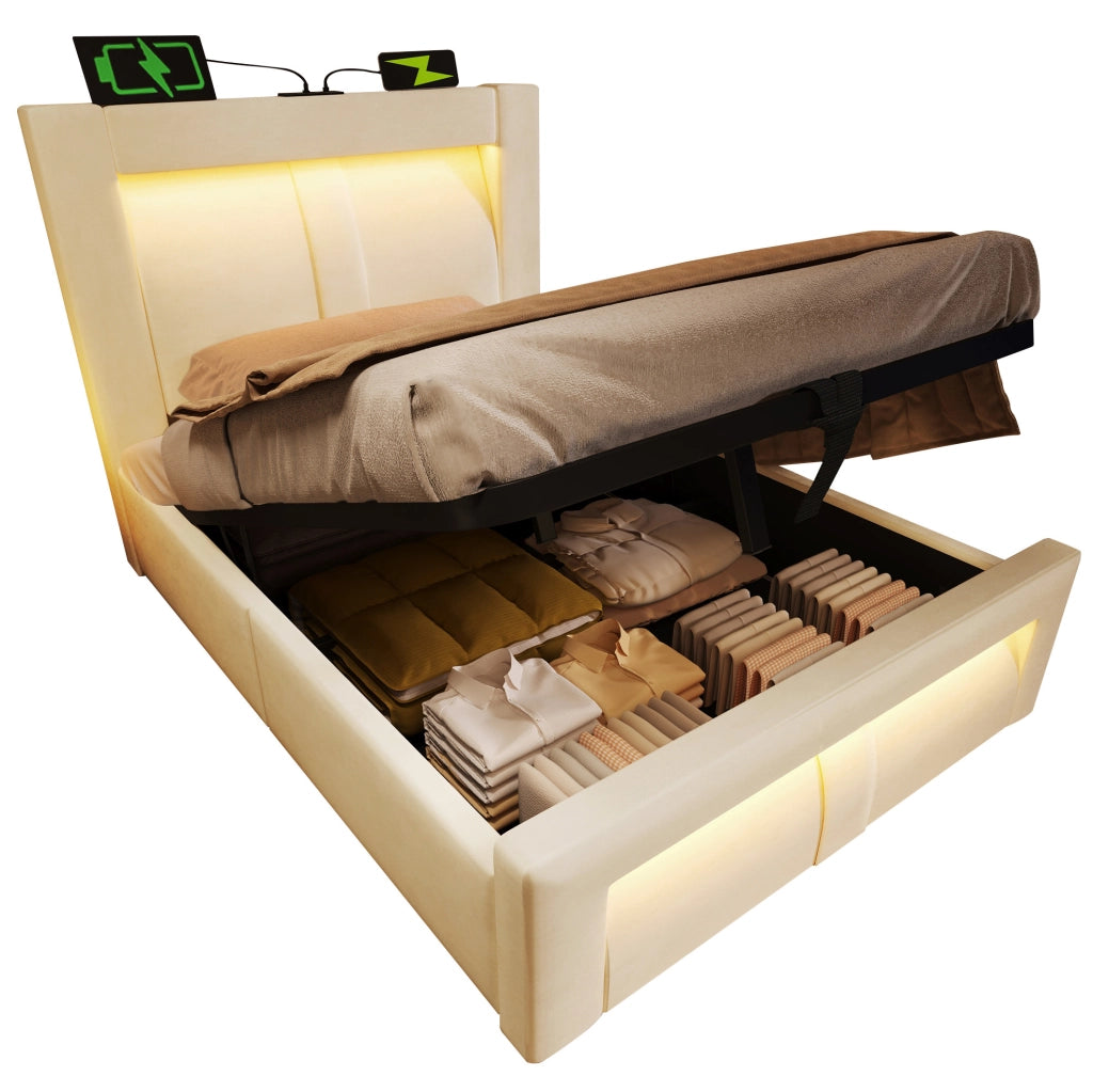 Letto singolo 90x200 cm con contenitore; LED; USB e Type-C; in velluto beige