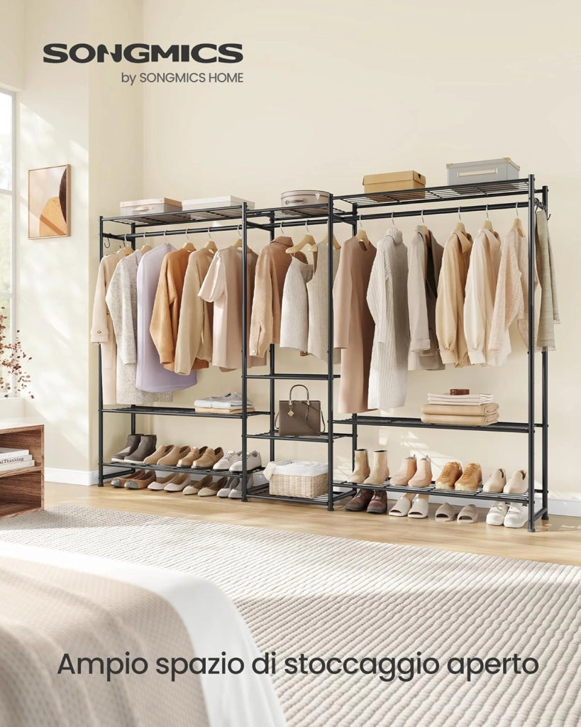 SONGMICS Stand Appendiabiti, Guardaroba Aperto, Armadio con 10 Ripiani, 3 Aste Appendiabiti, 4 Ganci a S, Metallo, per Camera da Letto Soggiorno Ingresso, Nero LGR011BZ01