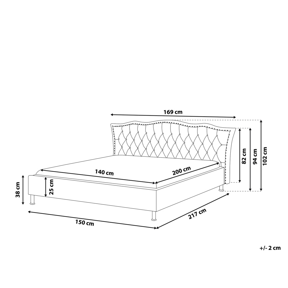 Letto matrimoniale Tessuto grigio 140 x 200 cm Cornice imbottita Bottoni in cristallo Poggiatesta