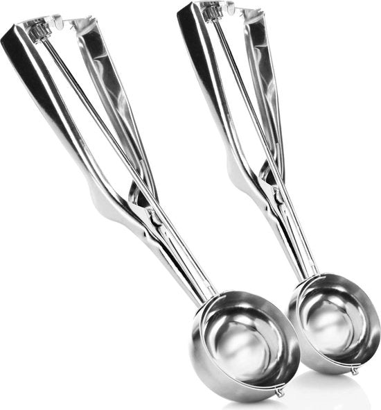 Due paletti per ghiaccio lucidati RVS con grilletto - grande paletto per palline Ø 55 mm - color argento con bottone di rilascio, set di 2 paletti per ghiaccio & manico per ghiaccio