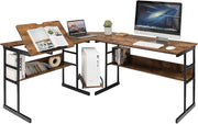 Scrivania Angolare 170 CM, Scrivania per Computer ad Angolo Moderna con Piano Inclinabile, Scaffale Inferiore e Supporto per CPU, Scrivania a Forma di L per Ufficio e Studio (Marrone)