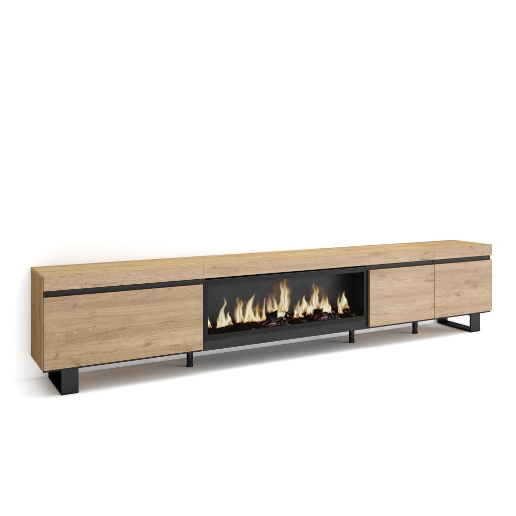 Mobile TV Soggiorno, 288x35x57cm, TV di grande formato, Camino elettrico XXL, Design industriale, colore Rovere RF3622