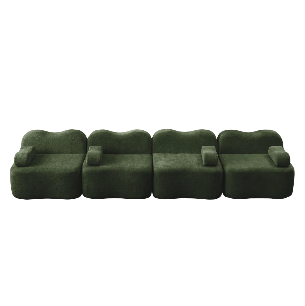 Divano modulare ad angolo in velluto verde 384x98x70 cm con seduta profonda e pouf collegabile