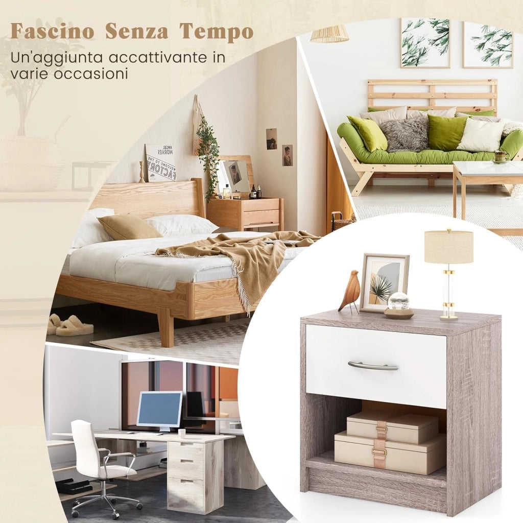 COSTWAY Comodino 38,5 x 28 x 40,5cm in Legno, Tavolino Salvaspazio con Scomparto Aperto e Casseto per Soggiorno e Camera da Letto (Naturale Chiaro+Bianco)