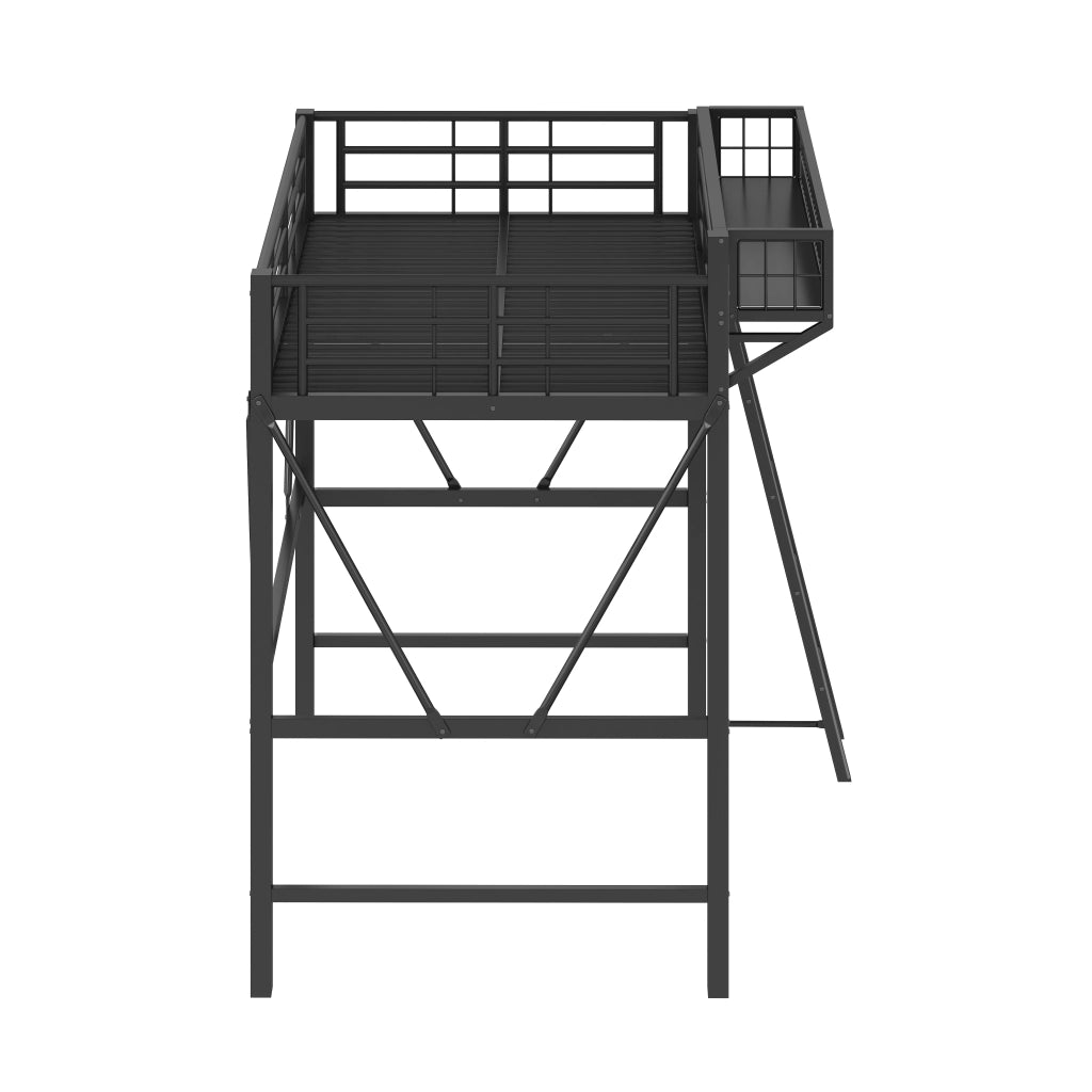 Letto a Soppalco 90x200 cm; LED; Cestello Portaoggetti; in Metallo; Nero