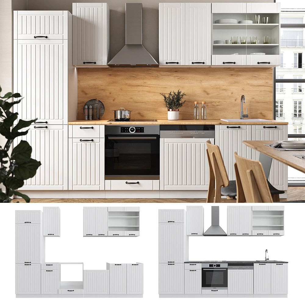 Cucina componibile Fame-Line Bianco rustico/Bianco 300 cm, PL Marmo Vicco
