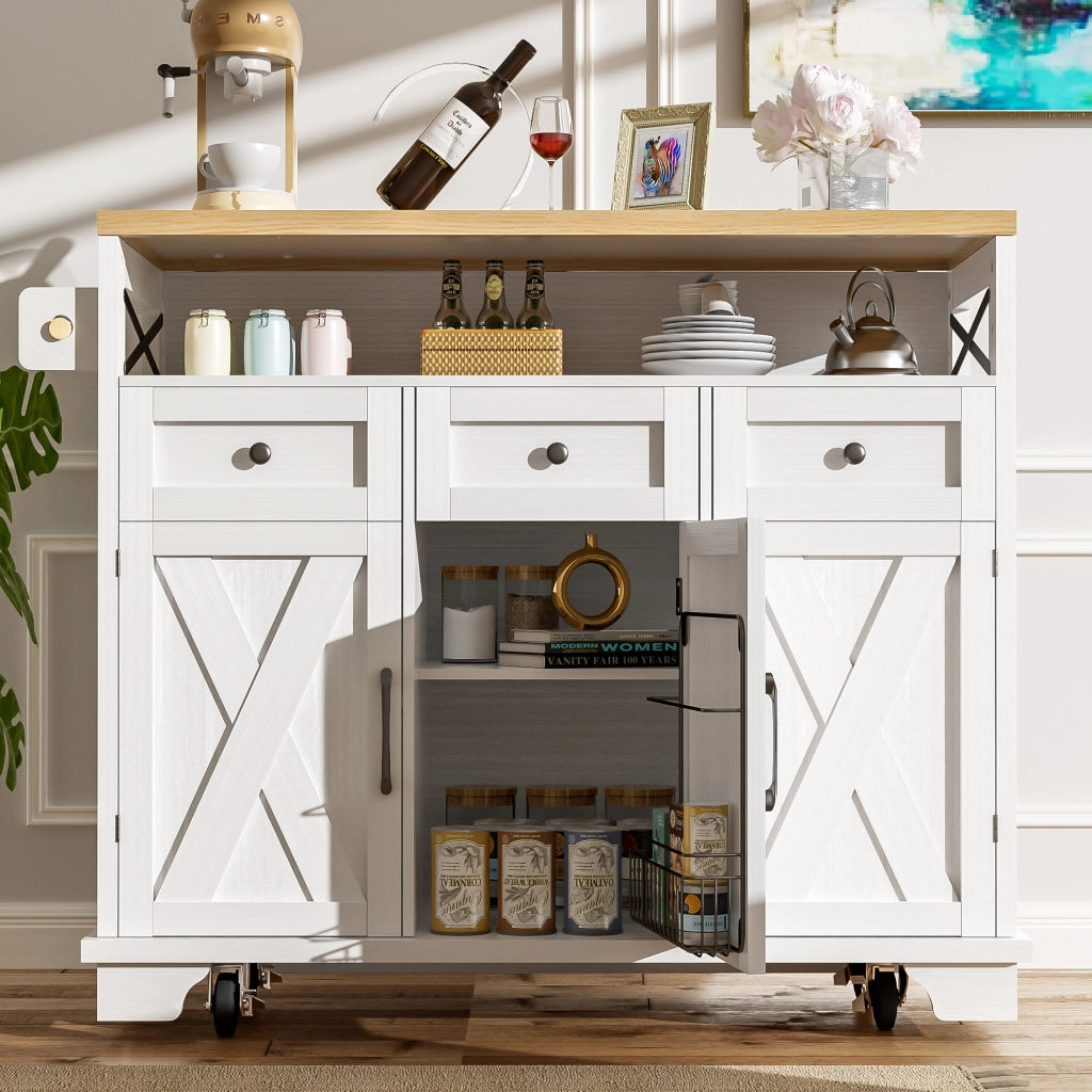 Isola da cucina con 3 cassetti; piano ribaltabile; portaasciugamani e ruote; in MDF e metallo; 118 x 43-70 x 98 cm; bianco