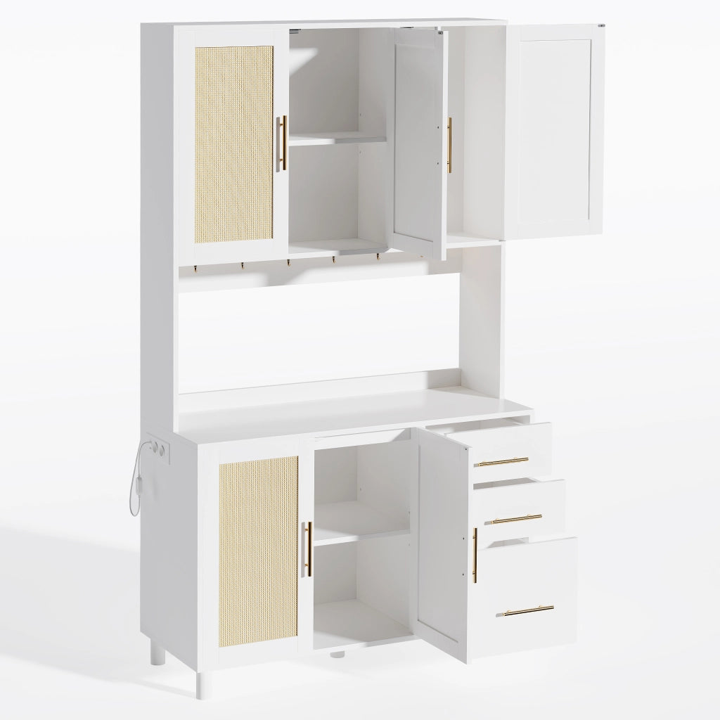 Credenza cucina in MDF bianco con LED RGB, 2 prese europee, USB, 3 cassetti, ante e ripiani regolabili