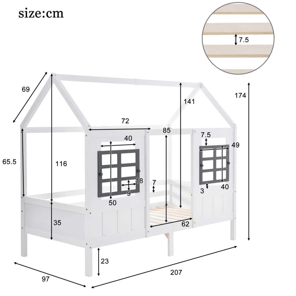 Letto singolo a casetta con 2 cassetti e finestre; 207x97x174 cm; pino e MDF; bianco