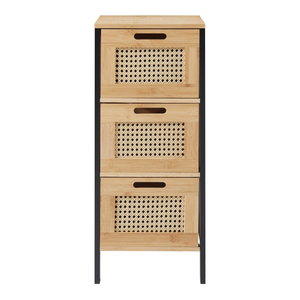 Cassettiera Tervola con 3 Cassetti in Bambù - Nero / Naturale / Effetto Rattan [en.casa]