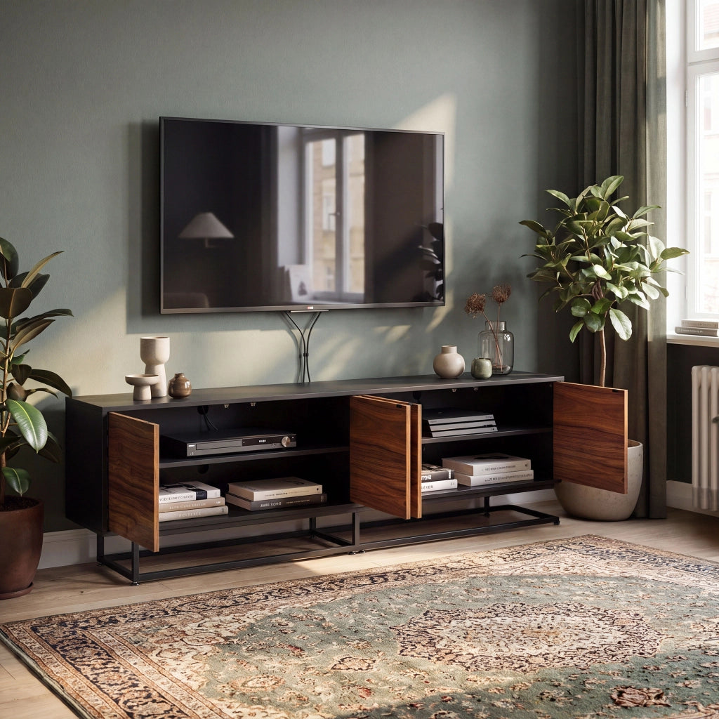 Armadietto Boxholm Credenza Bassa con 4 Ante Push-Open 180x30x56 cm Nero / Effetto Noce [en.casa]