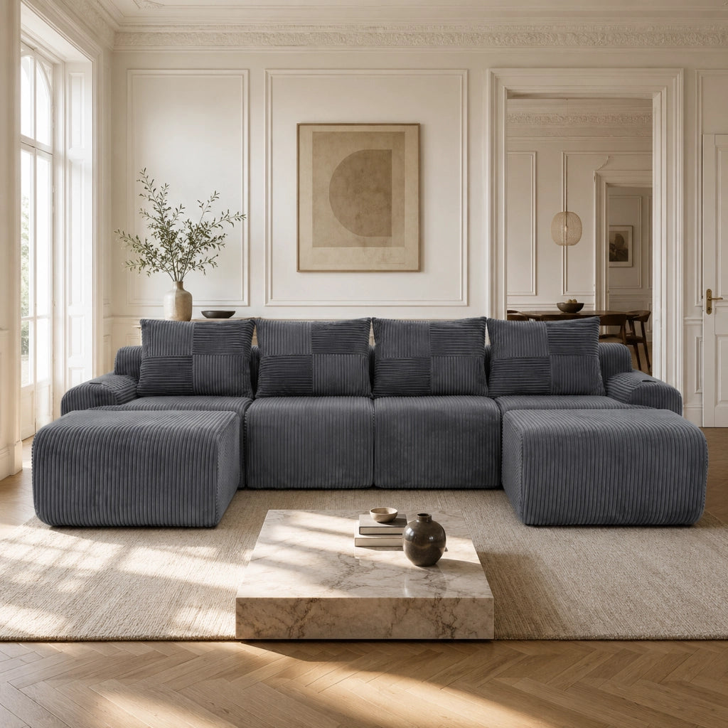 Divano modulare 4 posti con 2 pouf in velluto a coste grigio scuro