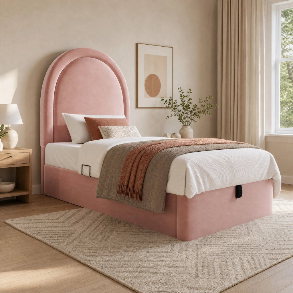 Letto imbottito singolo 90x190 cm in velluto rosa con contenitore idraulico e testiera semicircolare