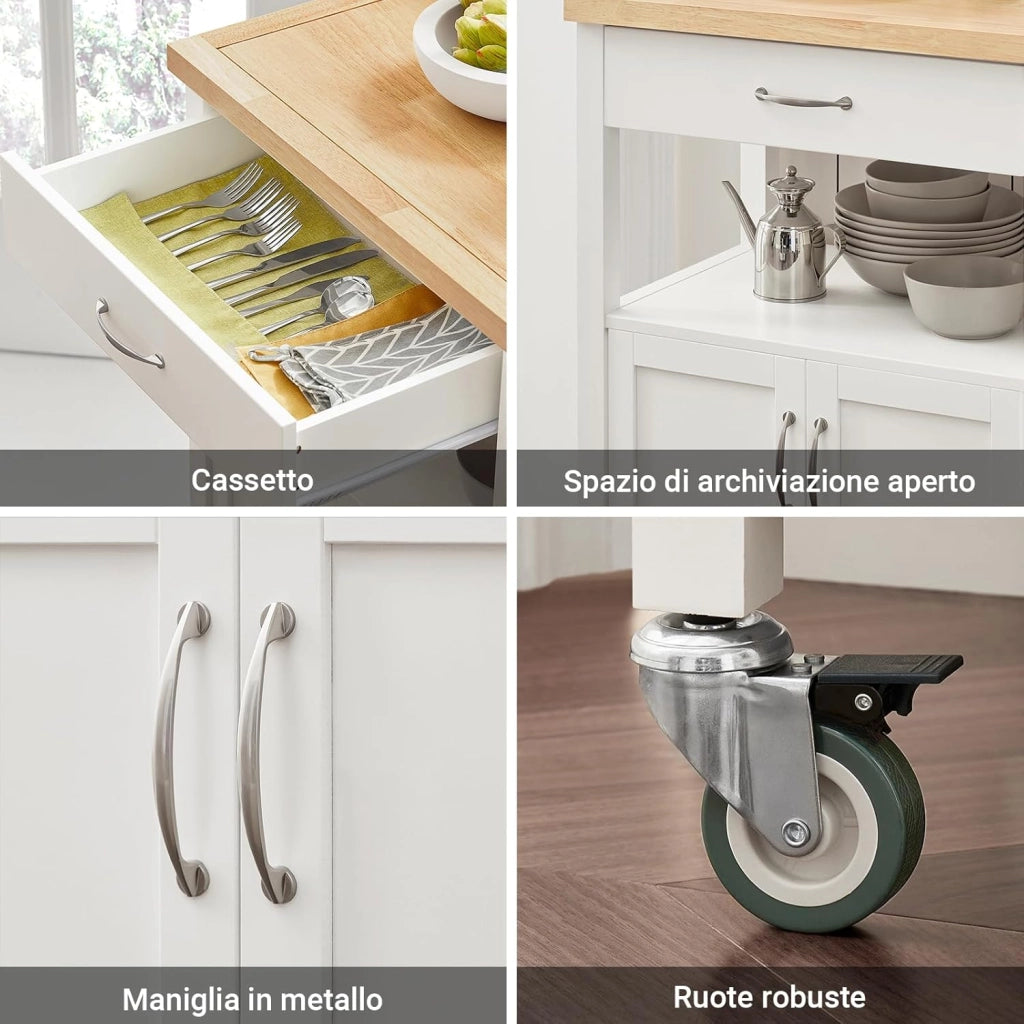 Carrello cucina salvaspazio con piano di lavoro – Mobile cucina con ruote, ideale come mobiletto cucina, credenza compatta o mobile microonde – Disponibile in Bianco 60x92x45cm FKW22-WN