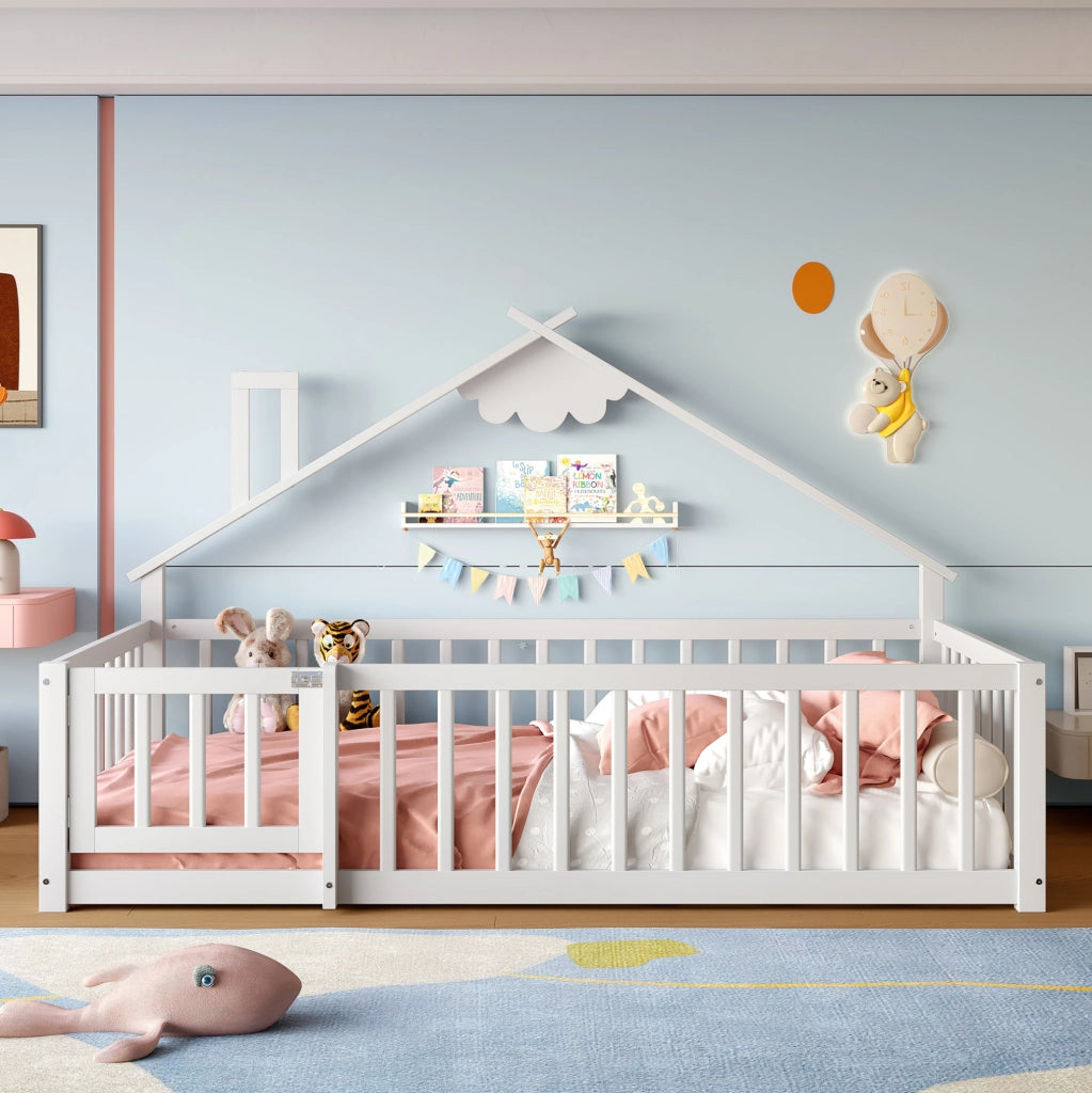 Letto per bambini 90x190 cm; casetta con sponda di sicurezza; legno e MDF; bianco (Senza materasso)