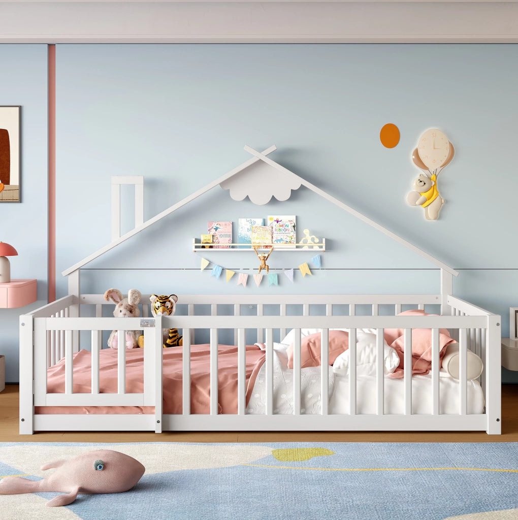 Letto per bambini 90x190 cm; casetta con sponda di sicurezza; legno e MDF; bianco (Senza materasso)