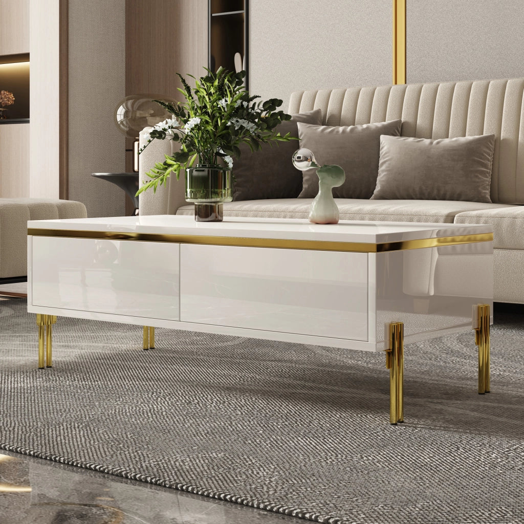 TAVOLINO DA CAFFÈ 100x50x36 cm Bianco Lucido con Cassetti laterali