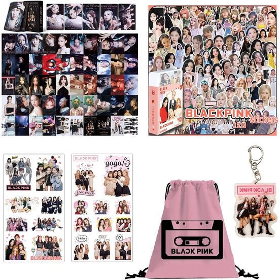 Set di regali Blackpink - 120 Sticker unici - 55 Carte da visita - Chiave da porta - Borsa con cinturino - Imballo regalo rosa - Articolo da fan