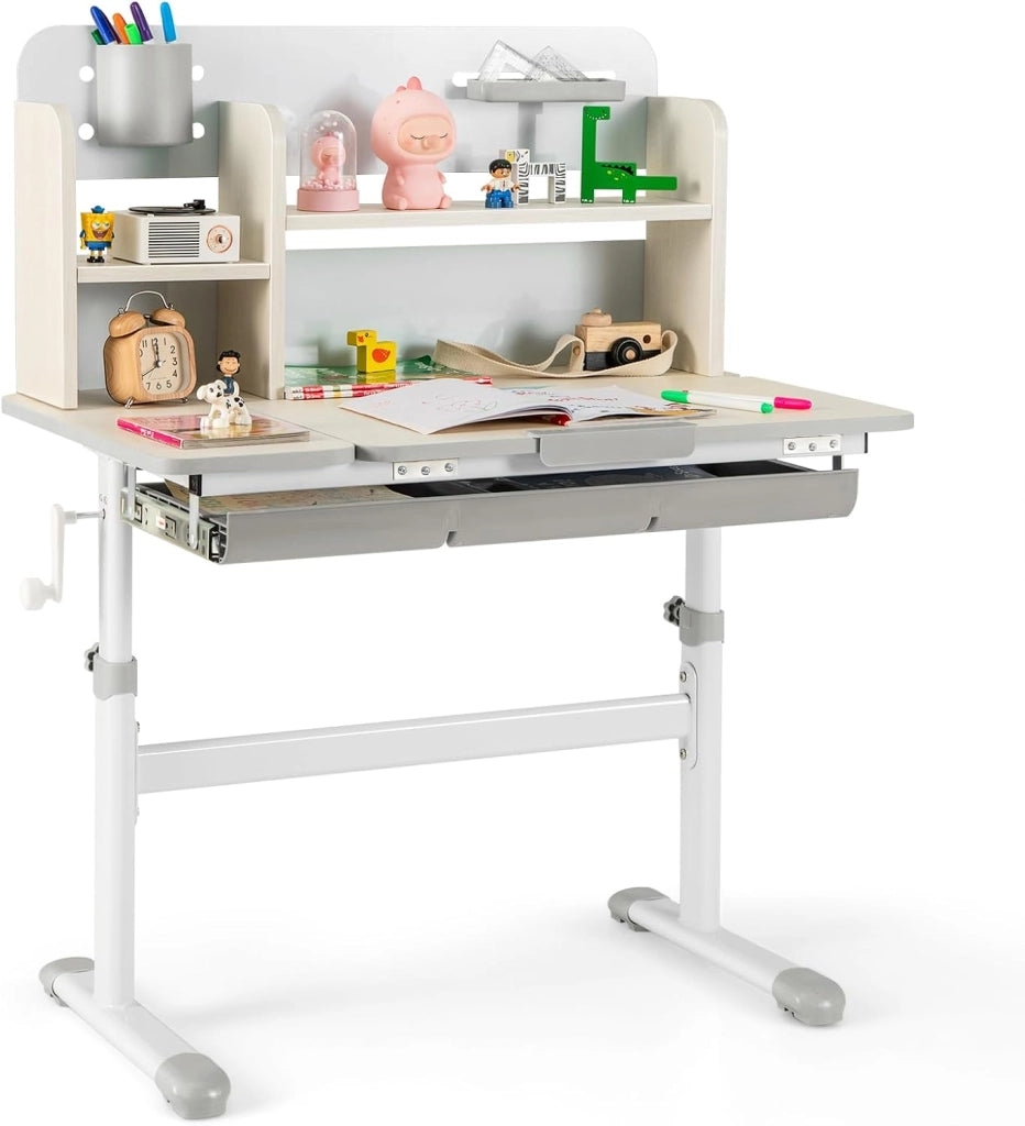 Scrivania per Bambini 3+ Anni Regolabile in Altezza 50-73 cm,Grigio | Scrivania da Studio con Piano Inclinabile 60°, Scrittoio Cameretta con Scaffale, Cassetto, Portapenne e Righello