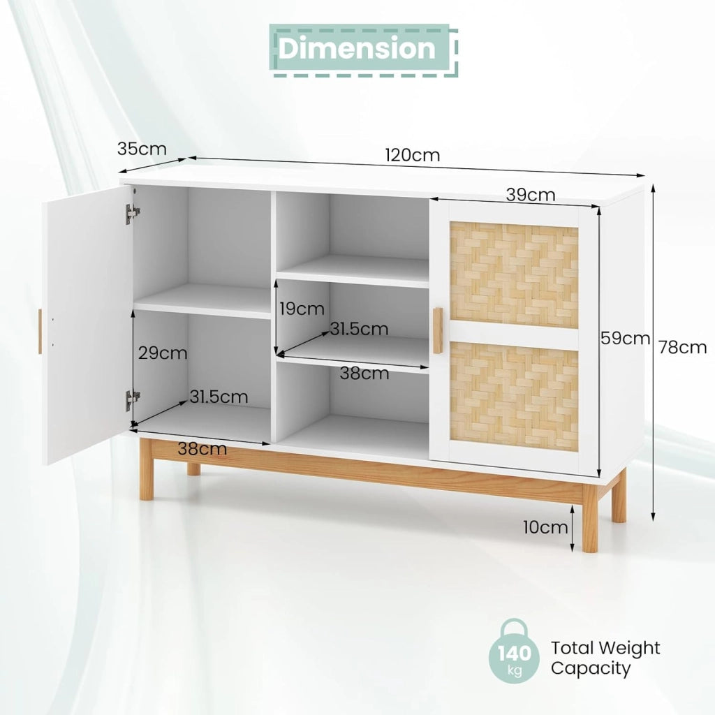 Credenza Cucina con Ante in Legno e Bambù, Mobile Cucina Dispensa con 3 Ripiani Aperti, Mobiletto Cucina con Dispositivo Antiribaltamento, per Soggiorno, Sala da Pranzo, 120 x 35 x 78 cm