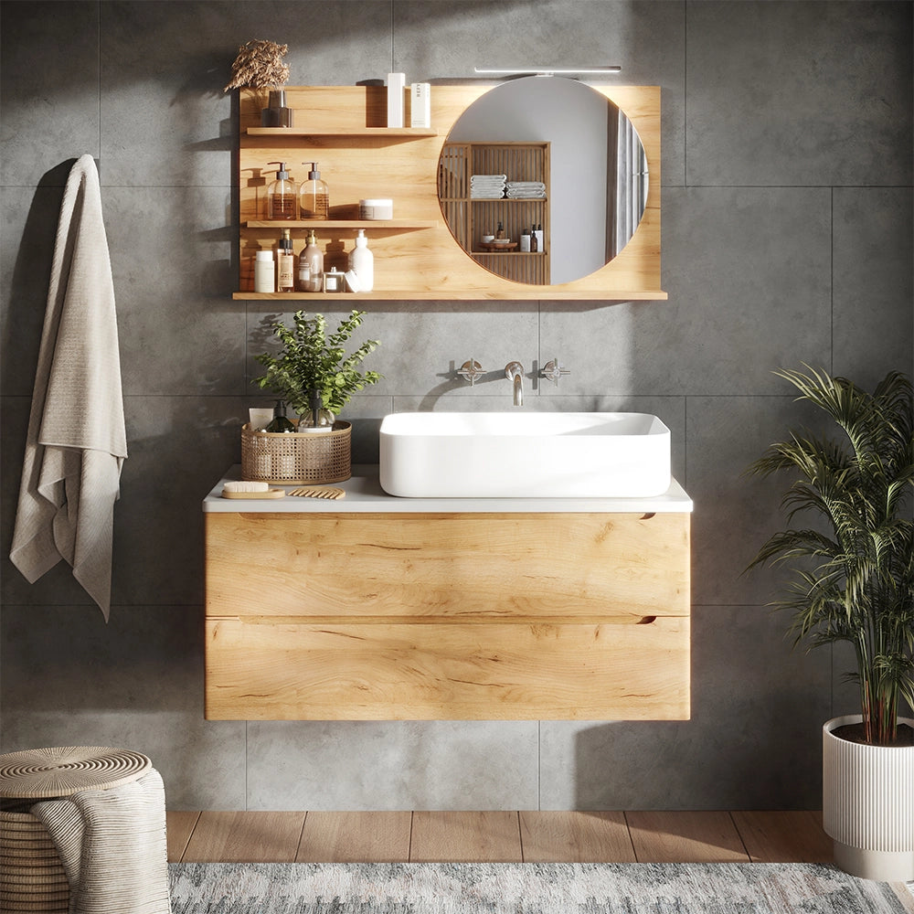 Vicco Specchio con mensola Rovere 100 x 50 cm con 3 scomparti aperti