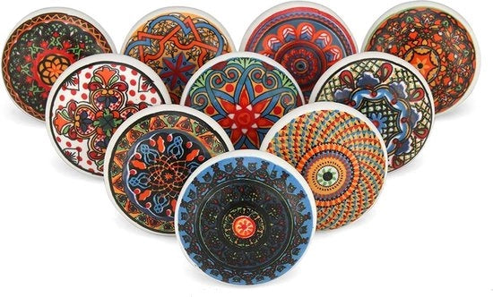 Pomelli ceramici a mano dipinti per cassetti e ante, set da 10, disegno mandala