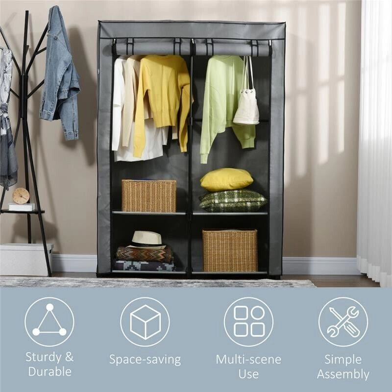 ARMADIO GUARDAROBA PORTATILE IN TESSUTO CON 4 RIPIANI APERTI E 2 APPENDINI 118X49X170 CM GRIGIO