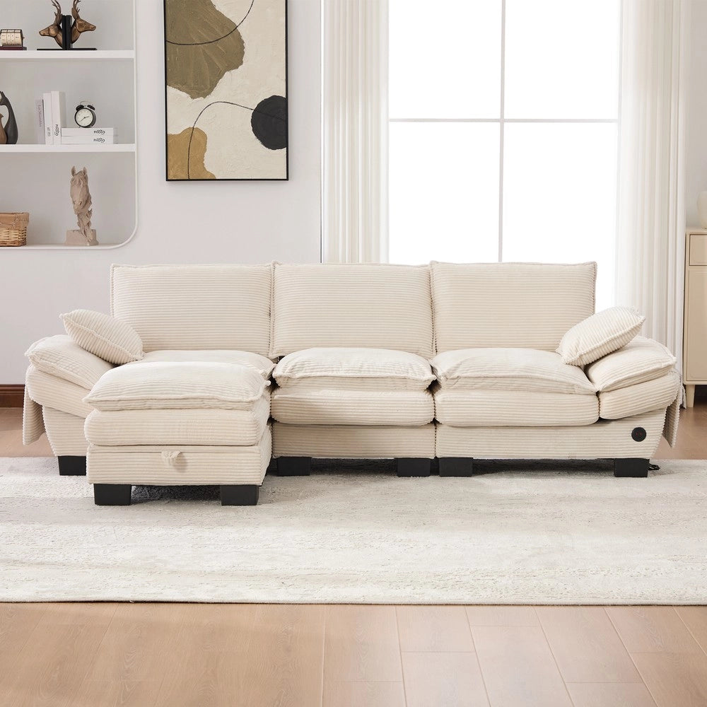 Divano 3 Posti con Poggiapiedi in Tessuto ¨C Xylo ¨C Beige, Cuscini, USB