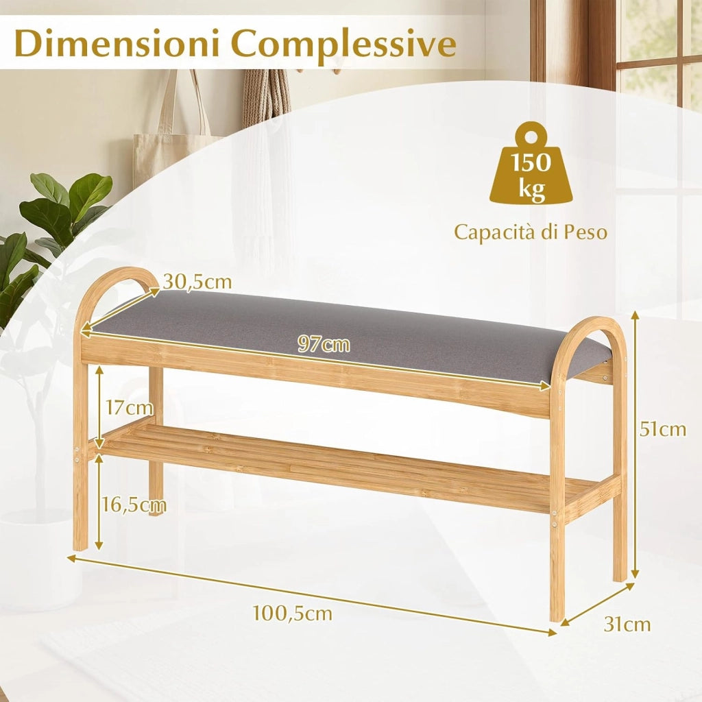Scarpiera con Cuscino, Panca Porta Scarpe in Bambù per Ingresso con Ripiano, Panca Imbottita per Ingresso Corridoio Camera da Letto (Stile 1)