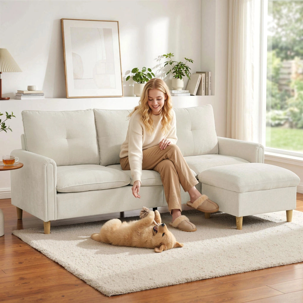 Divano Angolare 3 Posti con Poggiapiedi Contenitore ¨C Zephmum ¨C Tessuto Antimacchia Crema 210x