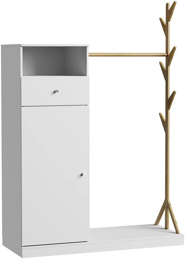 Armadio Liria, Bianco/bambù, 100 x 145 cm con cassetto, con ripiano per scarpe e ganci appendiabiti aperti