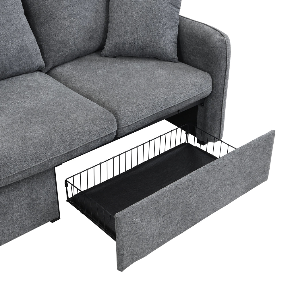 Divano angolare convertibile 3 Posti modulare con contenitore, 2 Pouf, 2 Cuscini, in Ciniglia Grigio Scuro