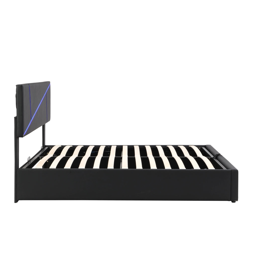 Letto Imbottito Contenitore con LED ¨C MINIMAL ¨C Similpelle Nero 140x200 Idraulico