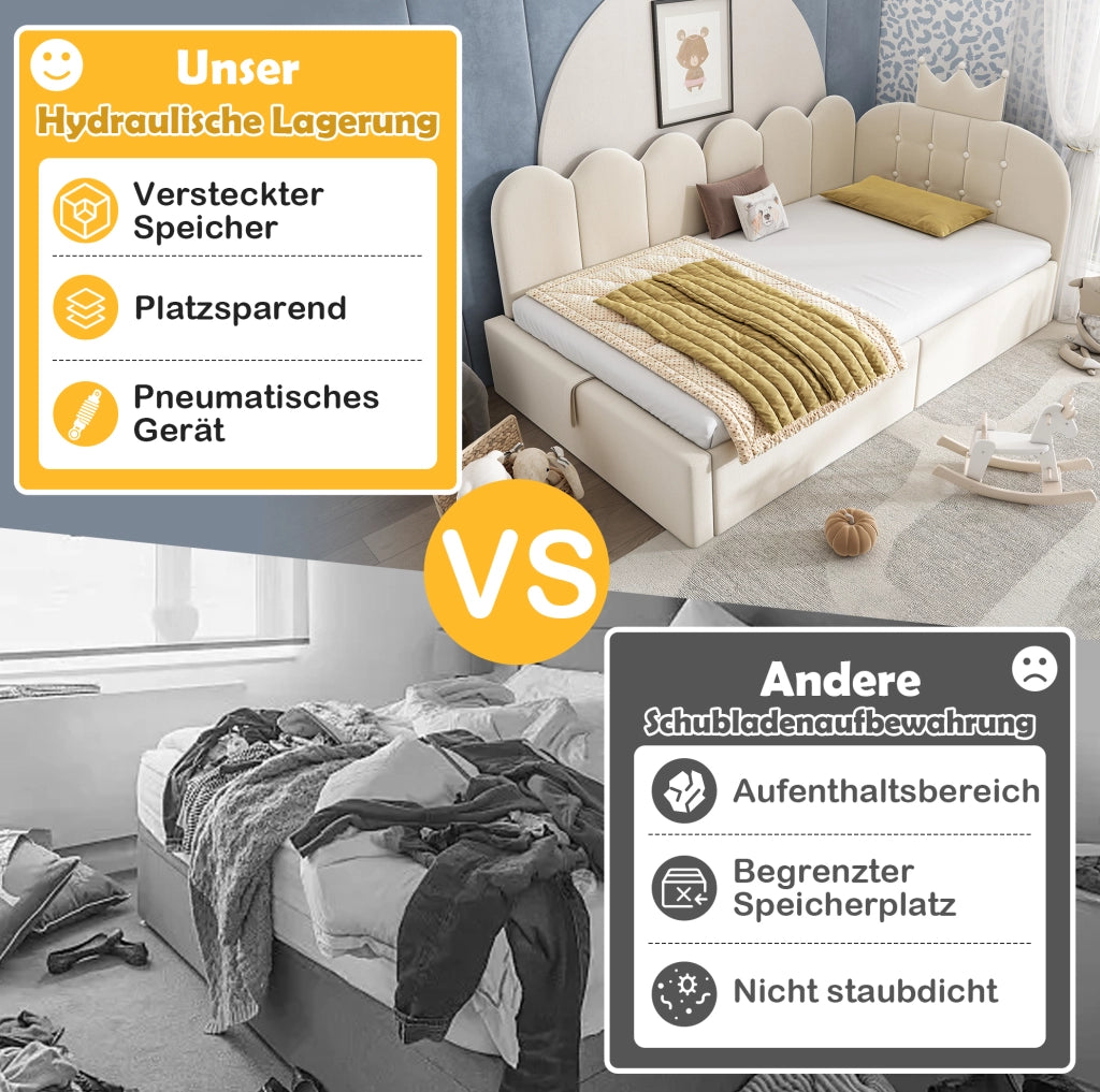 Letto a una piazza con contenitore e design a corona; 90x200 cm; in velluto beige